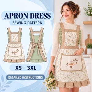 Puede incluir: Un patrón de costura para vestido tipo delantal con estampado floral, ribetes de lunares beige y volantes. El diseño incluye un bolsillo frontal con gráfico floral, tirantes anchos y lazo trasero. Texto: APRON DRESS SEWING PATTERN XS - 3XL.