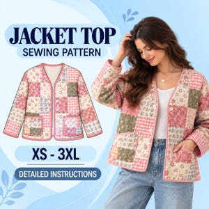 Può includere: Un cartamodello per giacca con design patchwork trapuntato nei toni del rosa, verde e bianco con stampe floreali e a quadretti vichy. La giacca presenta uno scollo a V, maniche lunghe, due tasche frontali e chiusure a bottoni. Testo: JACKET TOP SEWING PATTERN XS - 3XL DETAILED INSTRUCTIONS.