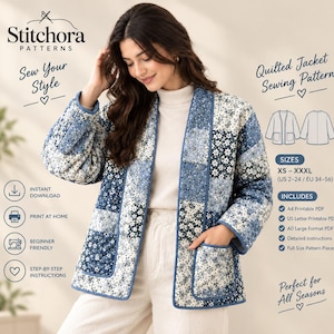 Patchwork Quilted Jacket PDF Sewing Pattern Digital Download Beginner Friendly Step-by-Step Instructions A4 US Letter A0 Coat Pattern