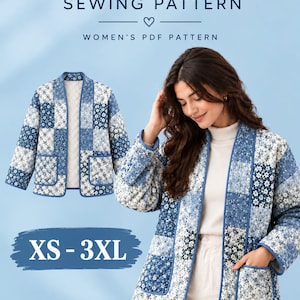 May include: A quilted jacket sewing pattern featuring a blue and white floral patchwork design. The text reads QUILTED JACKET SEWING PATTERN, WOMEN'S PDF PATTERN, and XS - 3XL. The jacket has long sleeves, an open front, and two pockets.