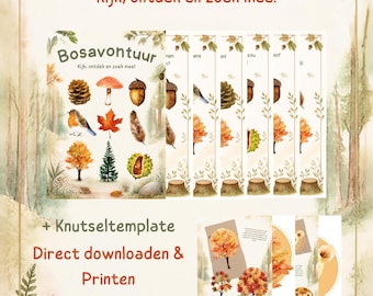 Op de afbeelding: Een digitale printbare set getiteld Bosavontuur met aquarelillustraties van boselementen zoals dennenappels, paddenstoelen, eikels, een roodborstje en herfstbladeren, inclusief meerdere activiteitenbladen en knutseltemplates voor in het bos.