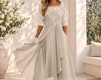 Women's Elegant Lace Midi Dress, A-Line Formal Dress, Short Sleeve Occasion Dress, Flowy Wedding Guest Dress