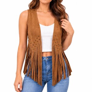 Damenweste aus braunem Wildleder mit Fransen – Western-Cowboy-Lederweste – Nietenbesetzte Boho-Fransenjacke – Ärmelloser Vintage-Cowgirl-Mantel – Geschenkidee für Sie
