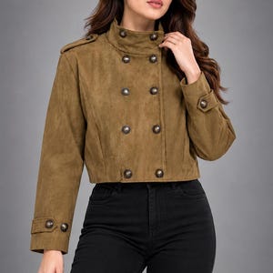 Damen-Wildlederjacke in Olivbraun – Kurze Militärjacke – Zweireihiger Mantel mit Knöpfen – Jacke im Vintage-Stil – Geschenkidee für Sie