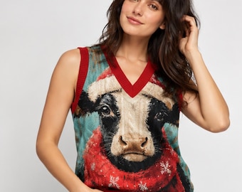 May include: A sleeveless V-neck sweater vest featuring a graphic print of a cow wearing a red Santa hat and a red scarf with white snowflake patterns. The garment has a ribbed red trim along the neckline, armholes, and the bottom hem.