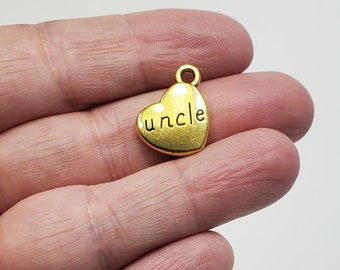 Gold Heart Uncle Charm, 1 Antiqued Gold Uncle Heart Charm, Small Uncle Heart Charm, Uncle Charm