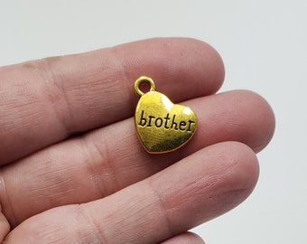Gold Heart Brother Charm, 1 Antiqued Gold Brother Heart Charm, Small Brother Heart Charm, Brother Charm