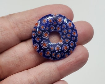 1 Millefiori Glass Donut Pendant, Blue Flower Millefiori Donut Glass Pendant