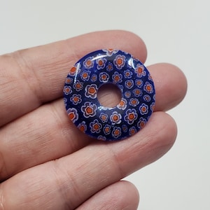1 Millefiori Glass Donut Pendant, Blue Flower Millefiori Donut Glass Pendant