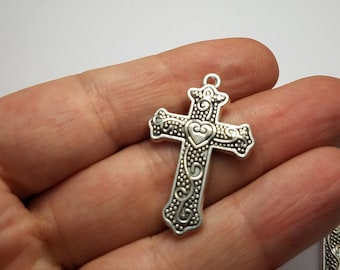 Silver Medium Cross Charms, 6 Silver Heart Cross Charms, 6 Cross Charms, Cross Charms, Silver Medium Cross Charms