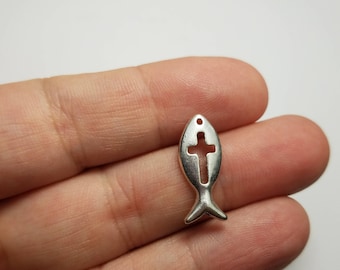 Silver Cross Fish Charms, 6 Jesus Fish Charms, Religious Fish Charms, Fish and Cross Charms
