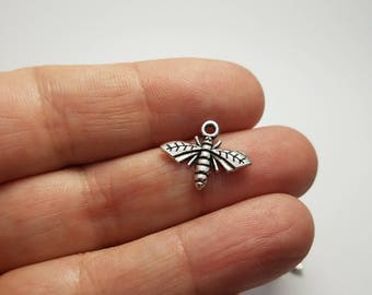 Silver Bee Charms, 8 Bumble Bee Charms, Bumble Bee Charms, Silver Bee Charms