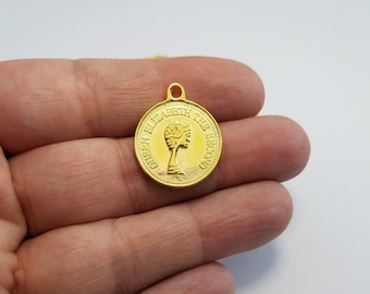 Gold Queen Elizabeth Coin Charms, 5 Queen Elizabeth Coin Charms, Elizabeth Coin Charms, Round Coin Charms