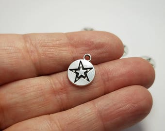 Silver Star Charms, 8 Star Charms, Star Disk Charms, Silver Star Charms