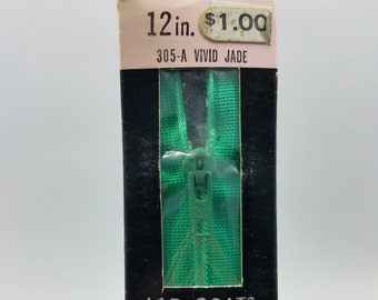 12 inch Polyester Flex Knit Tape Zipper 305-A Vivid Jade, 1 Vintage J.&P. Coats 12" Polyester Vivid Jade Zipper