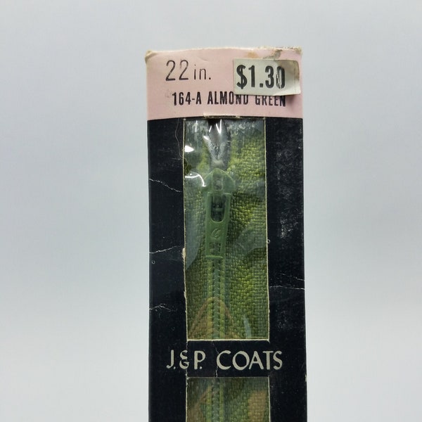 22 inch Polyester Flex Knit Tape Zipper 164A Almond Green, 1 Vintage J.&P. Coats 22" Polyester Almond Green Zipper