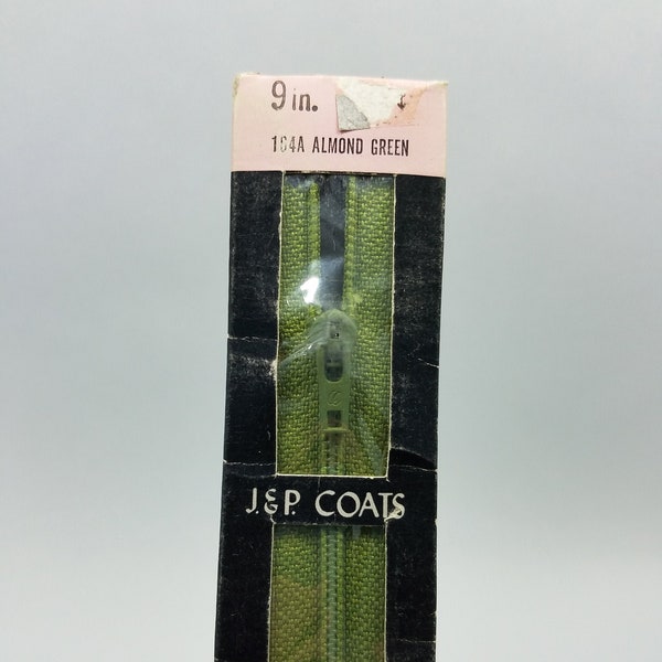 9 Inch Polyester Flex Knit Tape Zipper 164A Almond Green, 1 Vintage J.&P. Coats 9" Polyester Almond Green Zipper