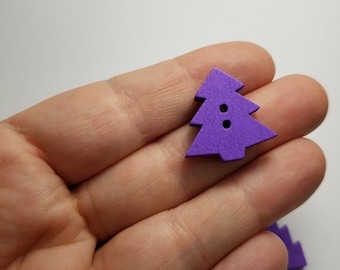 5 Purple Tree Buttons, Purple Tree Wood Buttons, Christmas Tree Buttons