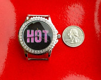 HOT Pink and Black Diamond Geneva Watch, HOT Geneva Watch, Big Geneva Watch Face Piece