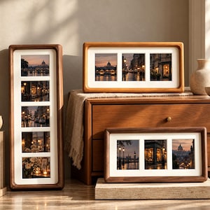 May include: Three wooden multi-photo frames with white matting. One tall vertical frame holds five photos, while two horizontal frames each hold three photos. The images inside depict various city street scenes and architectural landmarks at dusk.