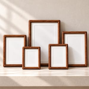 Set massief walnoten fotolijsten, houten lijsten voor aan de fotowand met witte passe-partouts.