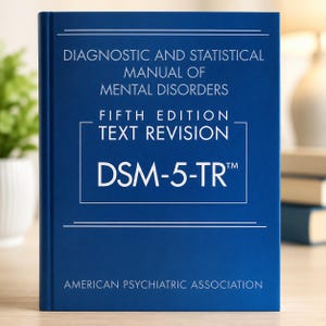 May include: A blue hardcover book titled Diagnostic and Statistical Manual of Mental Disorders Fifth Edition Text Revision DSM-5-TR by the American Psychiatric Association. The cover features white text and thin horizontal lines.