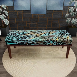 Turquoise Animal Print Upholstered Bench, Exotic Leopard Ottoman, Colorful Safari Entryway Seat, Maximalist Bedroom Furniture, Wooden Legs