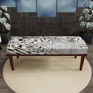 Wild Cat Collage Upholstered Bench, Black White Animal Print Ottoman, Safari Entryway Seat, Eclectic Bedroom Furniture, Wooden Leg Bench