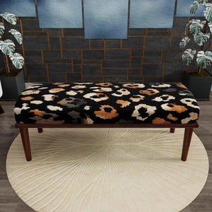 Black Leopard Upholstered Bench, Abstract Animal Print Ottoman, Maximalist Entryway Seat, Boho Bedroom Furniture, Wooden Leg Bench