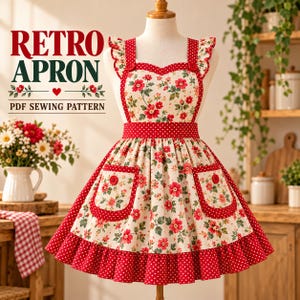 May include: An apron on a mannequin featuring a cream fabric with a red floral pattern, red and white polka dot trim, ruffled shoulder straps, and two front pockets with red buttons. The text RETRO APRON PDF SEWING PATTERN is visible.