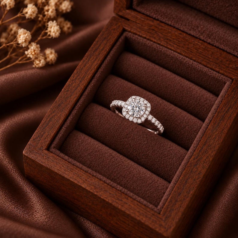 Moissanite Engagement Ring, Round Halo Setting, 925 Sterling Silver ...