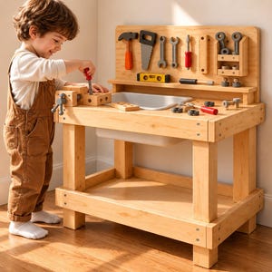 May include: A light-colored wooden toy workbench featuring a backboard with various toy tools including a hammer, saw, wrenches, and a level. The workbench includes a white sink basin, a built-in vise, and a lower storage shelf for play.