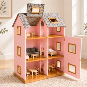 May include: A three-story wooden dollhouse with pink exterior walls, a gray shingled roof, and a hinged side panel. The interior features natural wood floors, multiple rooms, and miniature furniture including a gray sofa, beds, and dining sets.