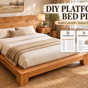 Può includere: Una struttura letto a piattaforma in legno con testiera, che presenta il testo DIY PLATFORM BED PLANS, Build it yourself, Instant PDF Download, CUTTING LIST, SHOPPING LIST e STEP-BY-STEP GUIDE con icone per ogni sezione.