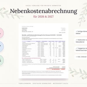 Nebenkostenabrechnung Vorlage Excel 2026 2027 – Betriebskostenabrechnung für Vermieter, Heizkosten & CO2-Aufteilung, mit Anschreiben