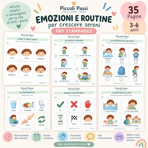 Op de afbeelding: Een printbare PDF educatieve activiteitenset getiteld Emozioni e Routine met 35 pagina's voor kinderen van 3-6 jaar. De pagina's bevatten geïllustreerde werkbladen voor het identificeren van emoties, dagelijkse routines en communicatie.