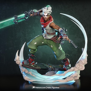 May include: A dynamic figurine of a character with white hair, wearing a white top, red scarf, and olive green pants, riding a hoverboard. The character holds a glowing green energy sword, surrounded by swirling blue and white smoke effects.