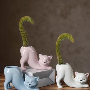 Op de afbeelding: Drie keramische plantenbakken in de vorm van een kat in lichtblauw, zachtroze en wit. Elke kat staat in een uitgerekte houding met gesloten ogen. Twee van de plantenbakken bevatten een gebogen, groene, stekelige cactus op de rug.