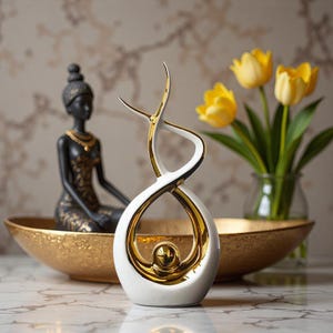 Nordic Abstract Ceramic Sculpture, Golden Accents, Minimalist Home Decor
