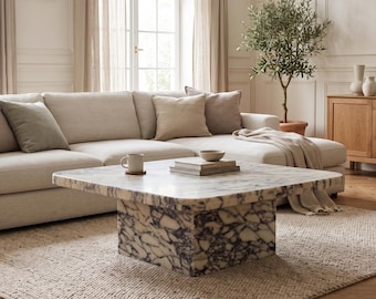 Mesa de centro em mármore Calacatta Viola: Decoração moderna e brutalista para sala de estar, peça central de luxo moderna (quadrada)