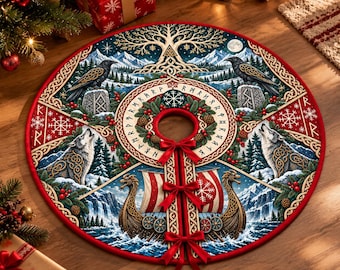May include: A circular Christmas tree skirt featuring a red border and a central design with a Norse-inspired tree, ravens, wolves, and a Viking ship. The pattern includes runic text, snowy mountains, and pine trees, secured with three red bows.