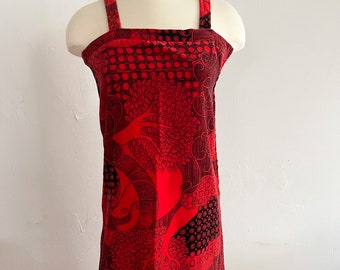 1970s Electric Red Forest Velveteen Vintage Dress