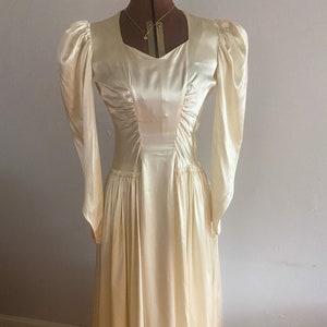 1940s Lavish Liquid Satin Leg of Mutton Sleeve Wedding Gown
