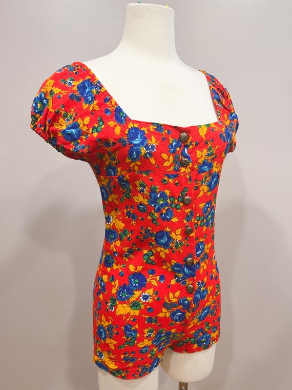 1960s Romper Union Label Tagged Red with Blue Flo… - image 3