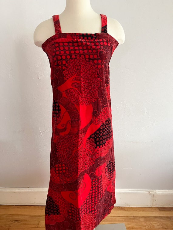 1970s Electric Red Forest Velveteen Vintage Dress