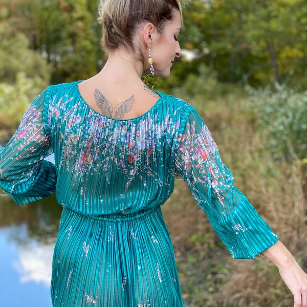 1970's Vintage Secret Garden Floral Dress | Sheer Emerald Green Long Sleeve Accordion Pleat