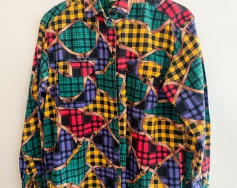 90s Multi Plaid Button up Hunt Club Vintage Shirt Grunge Clueless