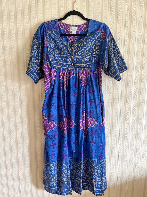 90s Indian Cotton Caftan Dress In Blue Purple and 