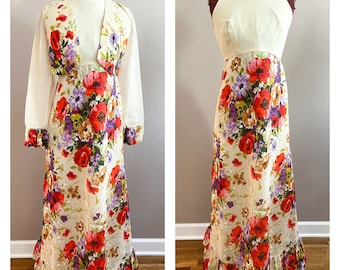 1970s Garden Party Floral Maxi Dress with Matching Jacket with long semi sheer sleeve