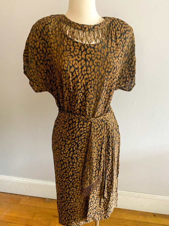 1980s Carole Little Leopard Rayon Fringe Top and … - image 1